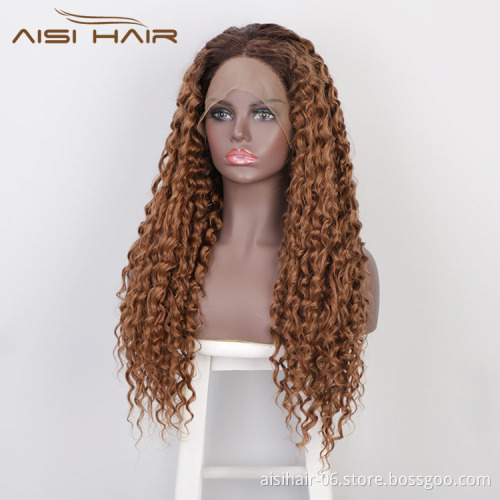 Aisi Hair New Design Long Wavy Ombre Brown Wig Afro Kinky Curly Swiss Lace Wig Curly Wave Lace Frontal Hair Wigs For Black Women